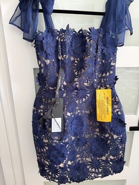 Bronx and Banco Navy Floral Lace Mini Dress with Chiffon Ties